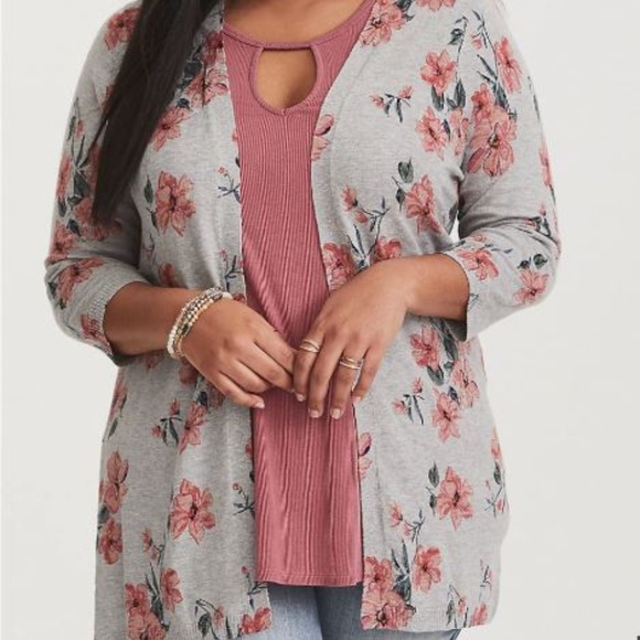 torrid Sweaters - Torrid Heather Gray Floral Knit Cardigan 3X 22 24